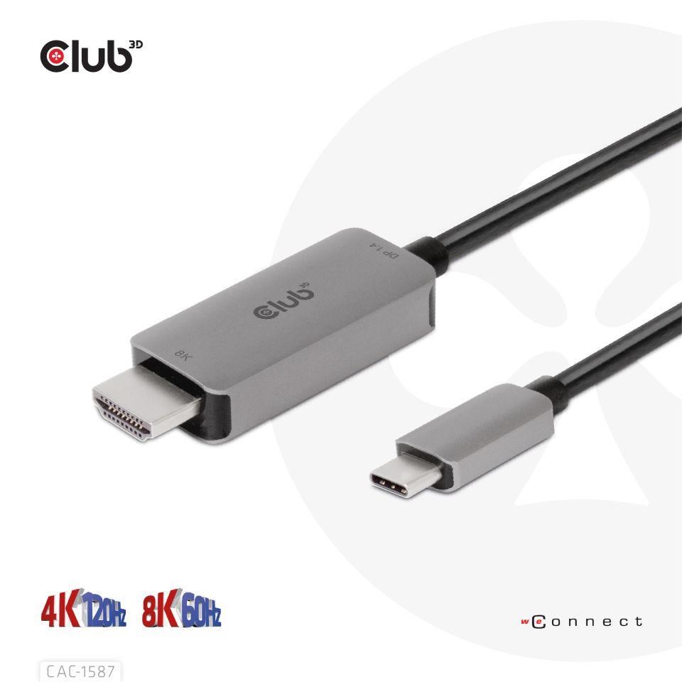 Club3D kabel USB-C na HDMI,  4K120Hz 8K60Hz HDR10 s DSC1.2,  Aktivní kabel,  M/ M,  3m3 