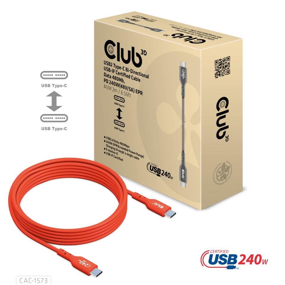 Club3D kabel USB-C,  Oboustranný USB-IF Certifikovaný data kabel,  Data 480Mb, PD 240W(48V/ 5A) EPR M/ M 2m2 