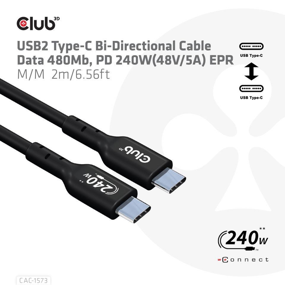 Club3D kabel USB-C,  Oboustranný USB-IF Certifikovaný data kabel,  Data 480Mb, PD 240W(48V/ 5A) EPR M/ M 2m0 