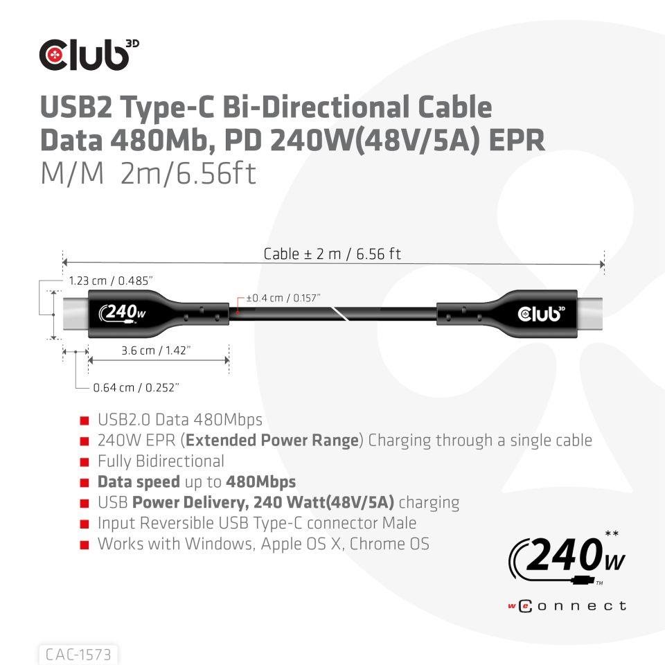 Club3D kabel USB-C,  Oboustranný USB-IF Certifikovaný data kabel,  Data 480Mb, PD 240W(48V/ 5A) EPR M/ M 2m6 