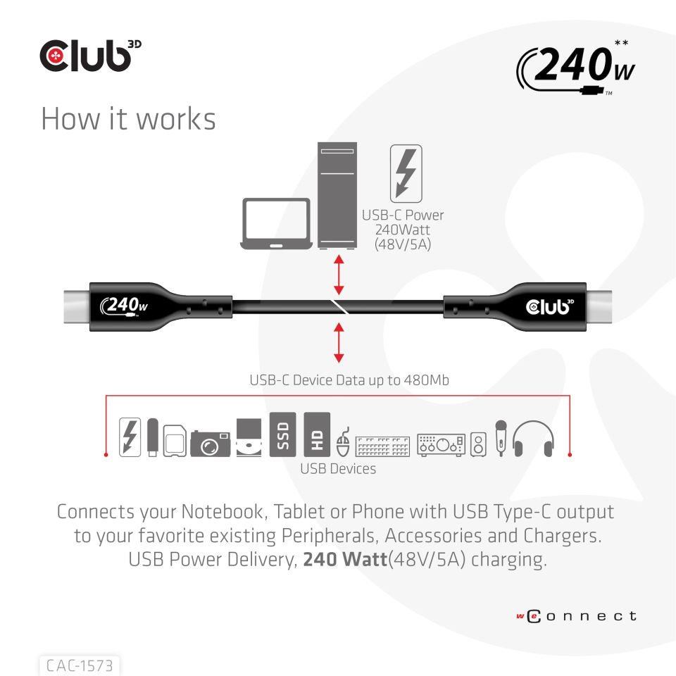 Club3D kabel USB-C,  Oboustranný USB-IF Certifikovaný data kabel,  Data 480Mb, PD 240W(48V/ 5A) EPR M/ M 2m1 