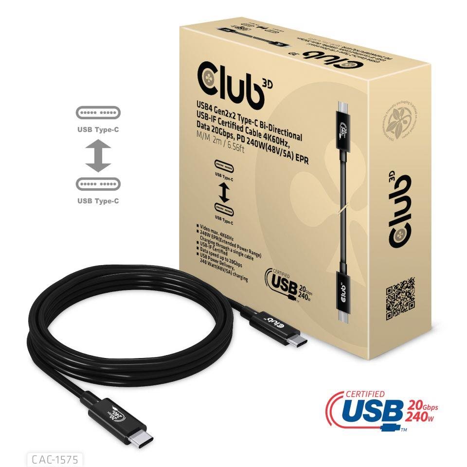 Club3D kabel USB4 Gen2x2 Typ-C, Oboustranný USB-IF Certifikovaný data kabel, Data 20Gbps, PD 240W(48V/5A) EPR M/M 2m0 