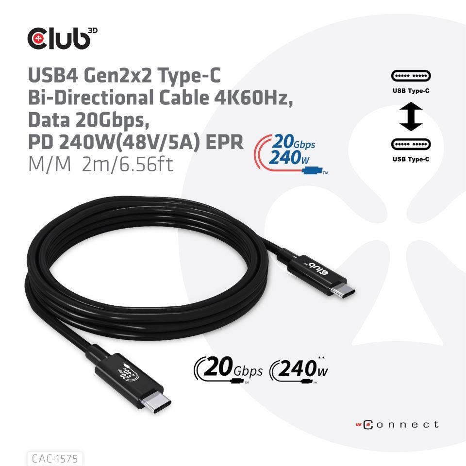 Club3D kabel USB4 Gen2x2 Typ-C, Oboustranný USB-IF Certifikovaný data kabel, Data 20Gbps, PD 240W(48V/5A) EPR M/M 2m1 