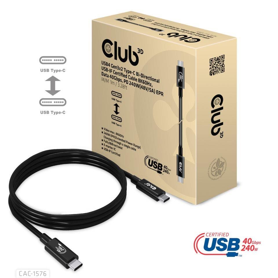 Club3D kabel USB4 Gen3x2 Typ-C,  Oboustranný USB-IF Certifikovaný data kabel,  Data 40Gbps,  PD 240W(48V/ 5A) EPR M/ M 1m0 