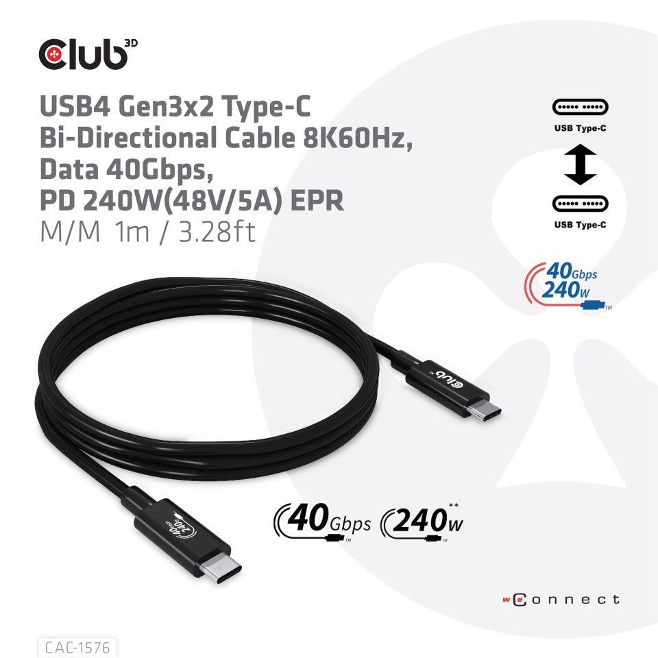 Club3D kabel USB4 Gen3x2 Typ-C,  Oboustranný USB-IF Certifikovaný data kabel,  Data 40Gbps,  PD 240W(48V/ 5A) EPR M/ M 1m4 