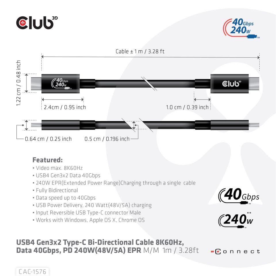 Club3D kabel USB4 Gen3x2 Typ-C,  Oboustranný USB-IF Certifikovaný data kabel,  Data 40Gbps,  PD 240W(48V/ 5A) EPR M/ M 1m3 