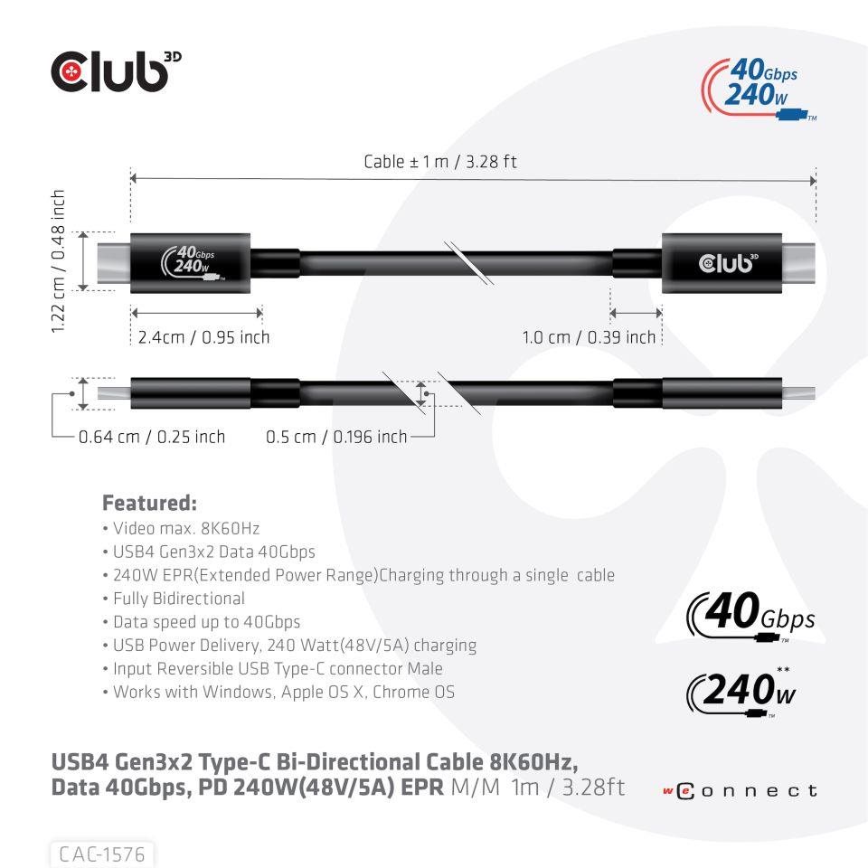 Club3D kabel USB4 Gen3x2 Typ-C,  Oboustranný USB-IF Certifikovaný data kabel,  Data 40Gbps,  PD 240W(48V/ 5A) EPR M/ M 1m1 