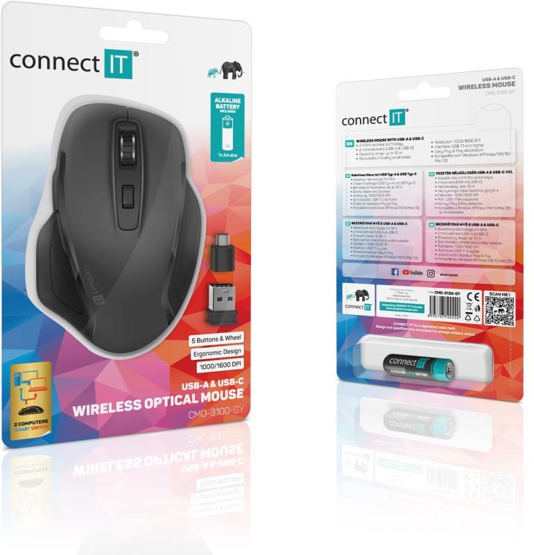 CONNECT IT Dual SmartSwitch bezdrátová myš,  USB-A + C (+1x AA baterie zdarma),  šedá6 