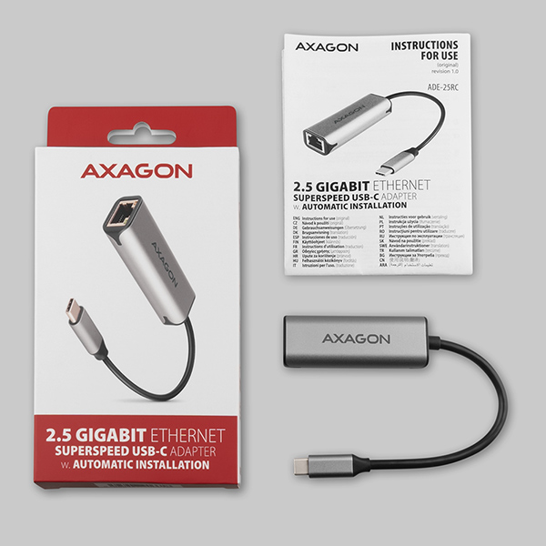AXAGON ADE-25RC,  USB-C 3.2 Gen 1-2.5 Gigabitová sieťová karta Ethernet,  Realtek 8156,  automatická inštalácia,  sivá3 
