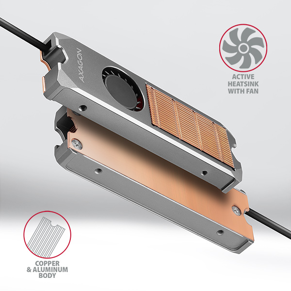 AXAGON CLR-M2FAN,  medený chladič s ventilátorom pre jedno aj obojstranný M.2 SSD disk,  výška 13 mm2 