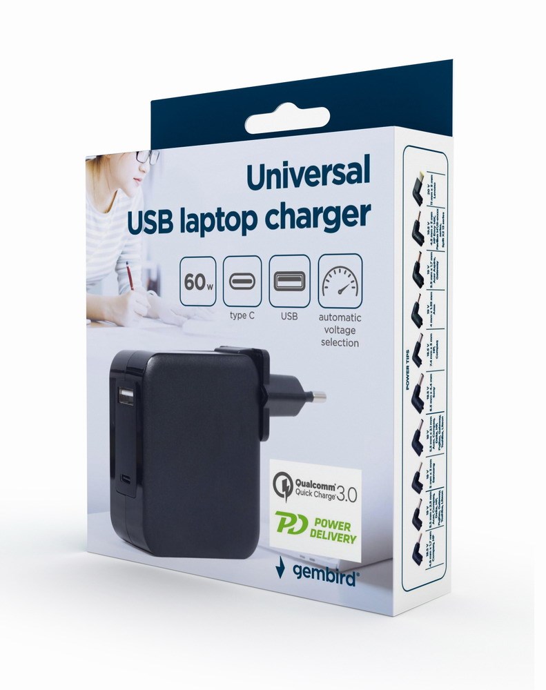 GEMBIRD Univerzálny adaptér NPA-PD60-01 pre notebook,  Type-C PD,  USB,  60 W5 