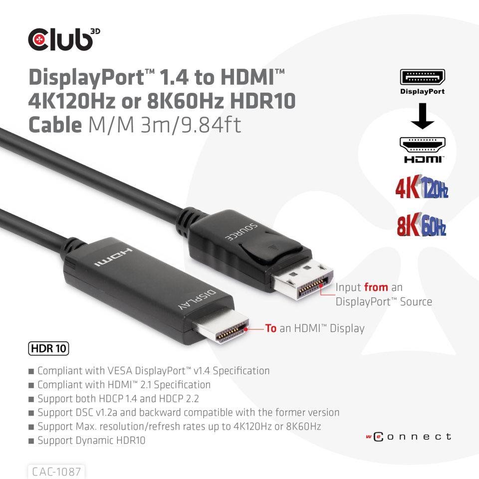 Club3D kábel DP 1.4 na HDMI, 4K120Hz alebo 8K60Hz HDR10, M/M, 3 m1 