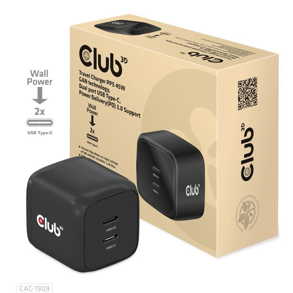 Cestovná nabíjačka Club3D PPS 45W technológia GAN,  dvojportový USB Type-C,  Power Delivery(PD) 3.0 Podpora5 