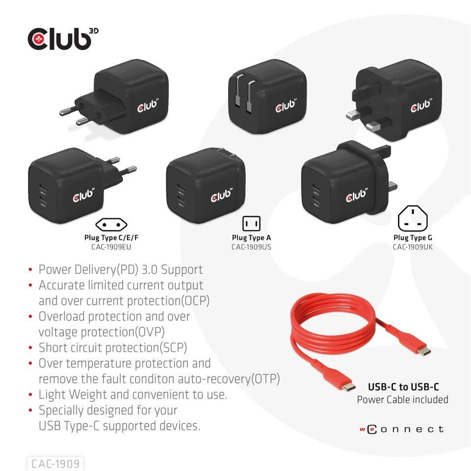Cestovná nabíjačka Club3D PPS 45W technológia GAN,  dvojportový USB Type-C,  Power Delivery(PD) 3.0 Podpora2 