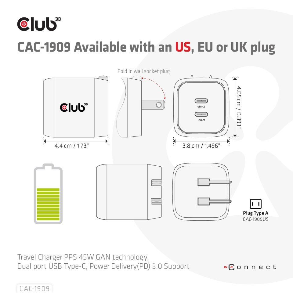 Cestovná nabíjačka Club3D PPS 45W technológia GAN,  dvojportový USB Type-C,  Power Delivery(PD) 3.0 Podpora6 