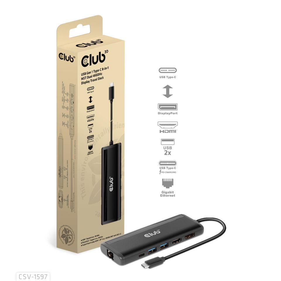 Club3D Dokovací stanice USB-C,  8-in-1 MST Dual (1x HDMI/ 1x DP) 4K60Hz,  Display Travel Dock4 