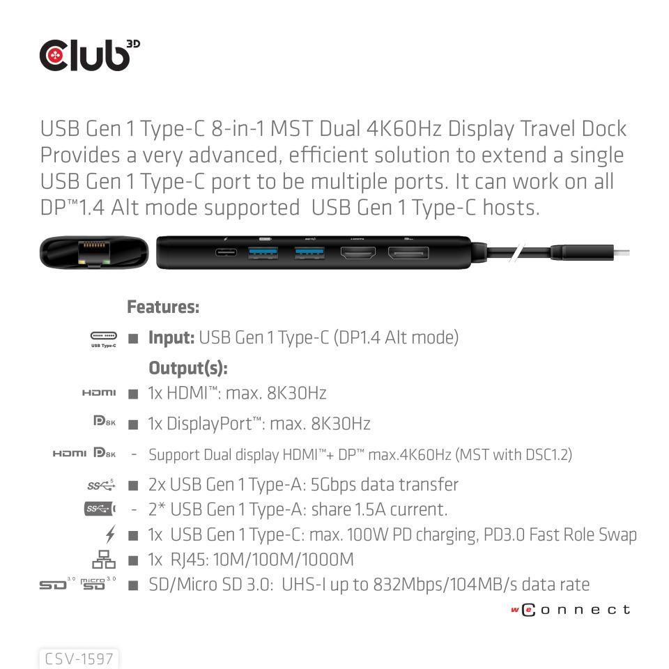 Club3D Dokovací stanice USB-C,  8-in-1 MST Dual (1x HDMI/ 1x DP) 4K60Hz,  Display Travel Dock2 