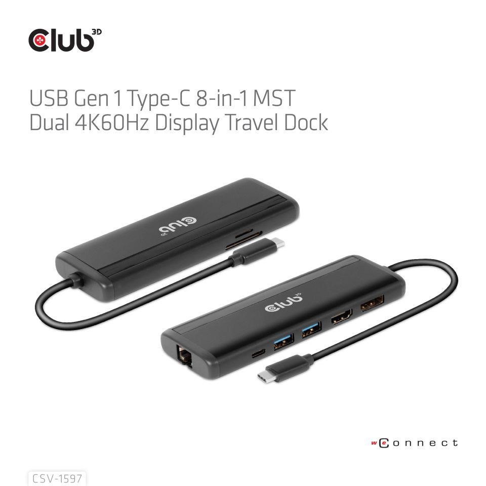 Club3D Dokovací stanice USB-C,  8-in-1 MST Dual (1x HDMI/ 1x DP) 4K60Hz,  Display Travel Dock9 