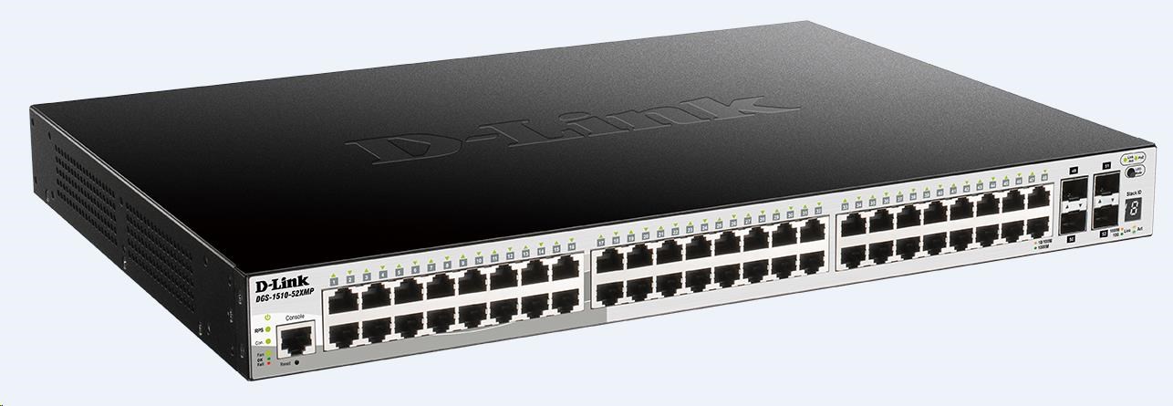 D-Link DGS-1510-52XMP 52-portový gigabitový stohovateľný PoE inteligentný riadený prepínač vrátane 4 10G SFP+,  370W PoE1 