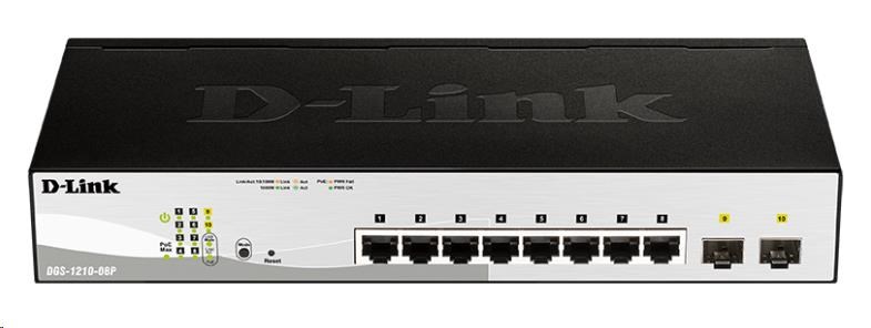 D-Link DGS-1210-08P 10-portový gigabitový inteligentný PoE switch,  8x GbE PoE+,  2x SFP,  PoE 65W,  bez ventilátora1 