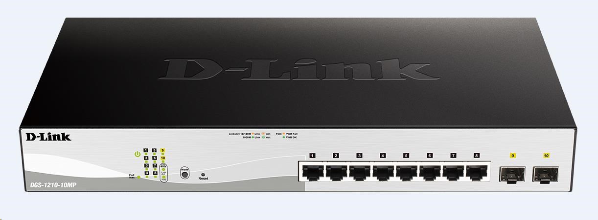 D-Link DGS-1210-10MP 10-portový gigabitový Smart+ PoE switch,  8x GbE PoE+,  2x SFP,  PoE 130W,  bez ventilátora0 
