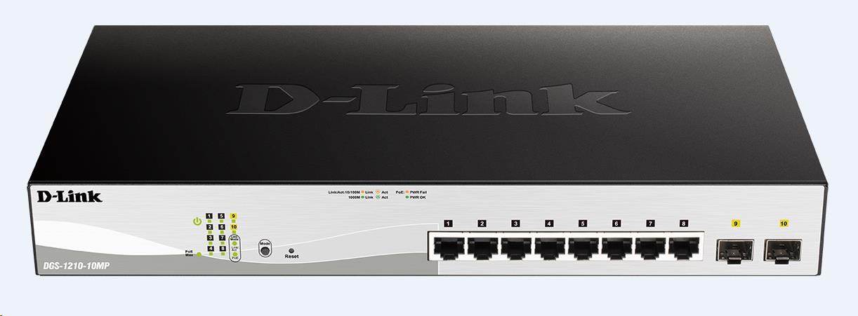 D-Link DGS-1210-10MP 10-portový gigabitový Smart+ PoE switch,  8x GbE PoE+,  2x SFP,  PoE 130W,  bez ventilátora1 