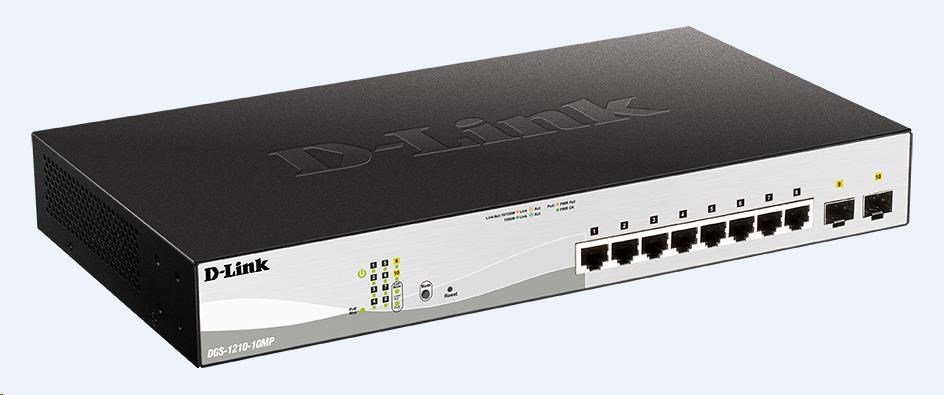 D-Link DGS-1210-10MP 10-portový gigabitový Smart+ PoE switch,  8x GbE PoE+,  2x SFP,  PoE 130W,  bez ventilátora2 