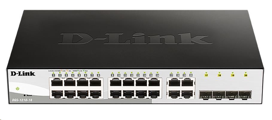 D-Link DGS-1210-16 20-portový gigabitový inteligentný prepínač,  16x GbE,  4x RJ45/ SFP,  bez ventilátora0 
