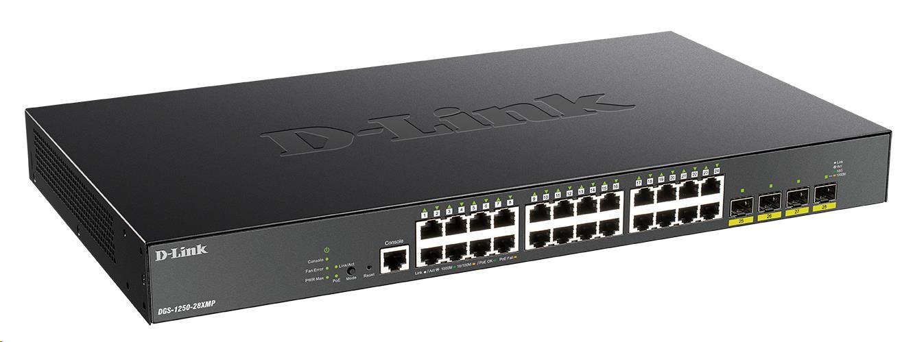 D-Link DGS-1250-28XMP 28-portový gigabitový inteligentný PoE switch,  24x GbE PoE+,  4x SFP+,  PoE 370W0 