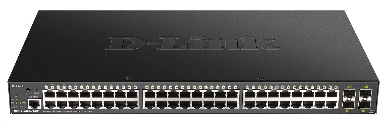 D-Link DGS-1250-52XMP 52-portový gigabitový inteligentný PoE switch,  48x GbE PoE+,  4x SFP+,  PoE 370W0 