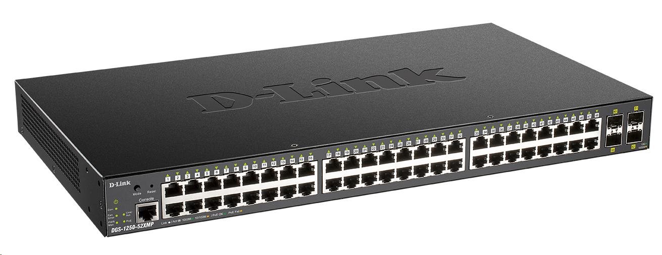 D-Link DGS-1250-52XMP 52-portový gigabitový inteligentný PoE switch,  48x GbE PoE+,  4x SFP+,  PoE 370W0 