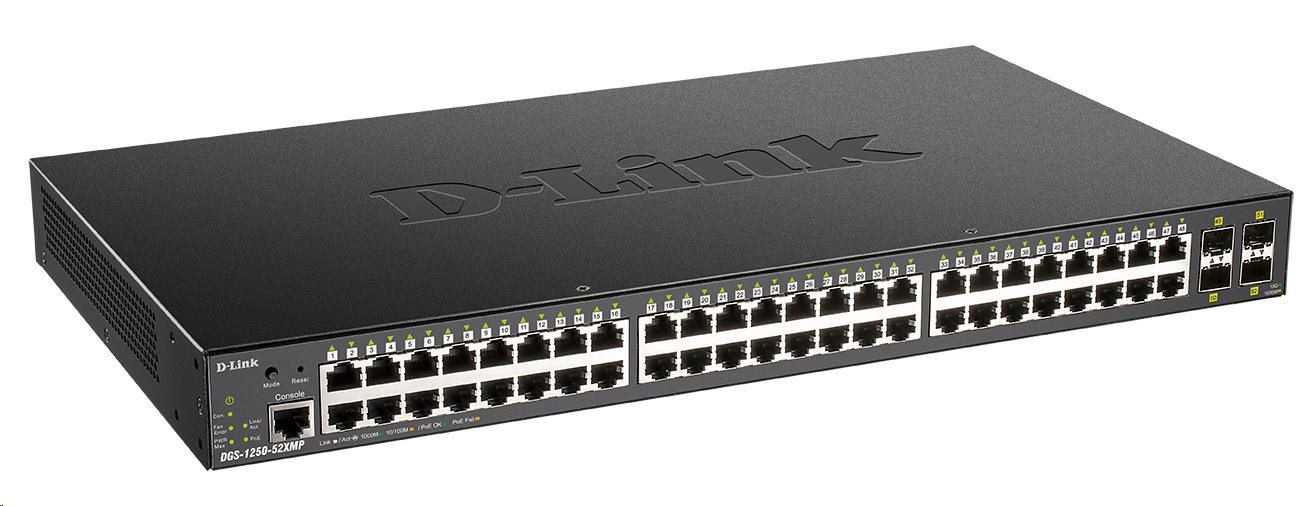 D-Link DGS-1250-52XMP 52-portový gigabitový inteligentný PoE switch,  48x GbE PoE+,  4x SFP+,  PoE 370W1 