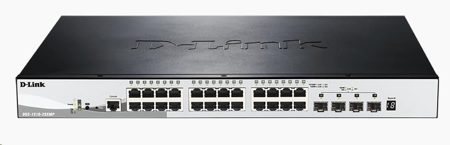 D-Link DGS-1510-28XMP 28-portový gigabitový stohovateľný PoE inteligentný riadený prepínač vrátane 4 10G SFP+,  370W PoE0 