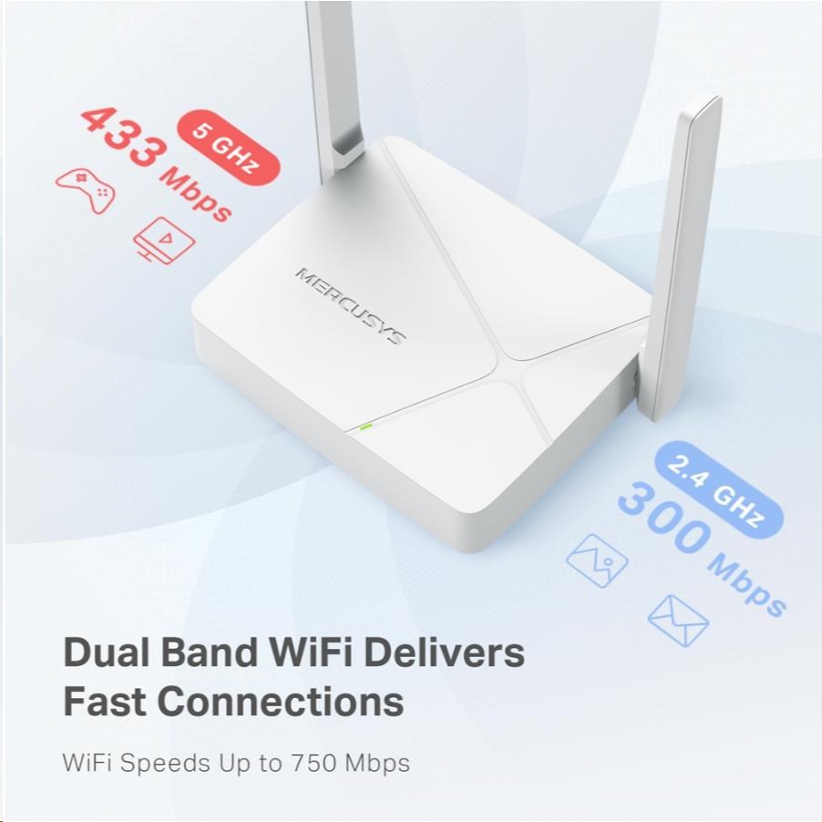 MERCUSYS MR20 WiFi5 router (AC750,  2, 4GHz/ 5GHz, 1x100Mb/ s WAN,  2x100Mb/ s LAN)3 