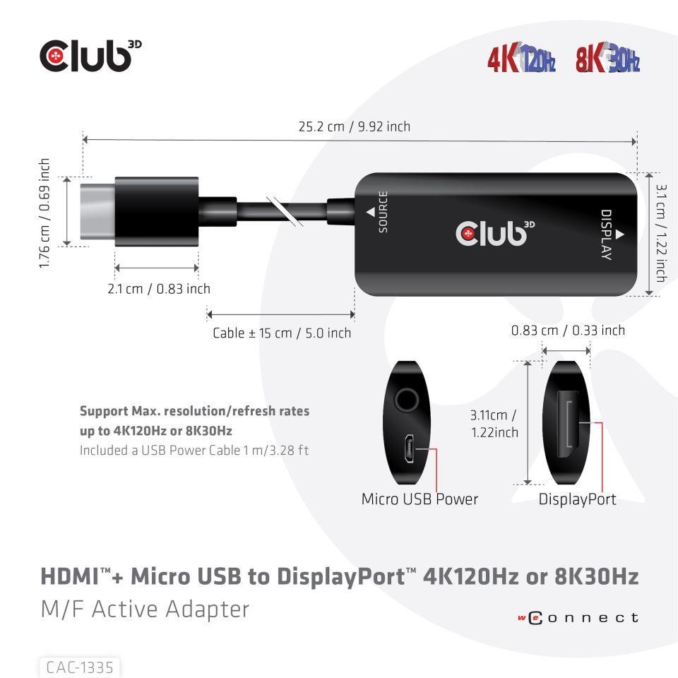 Club3D Adaptér HDMI + Micro USB na DisplayPort 4K120Hz/8K30Hz, Active Adapter M/F2 