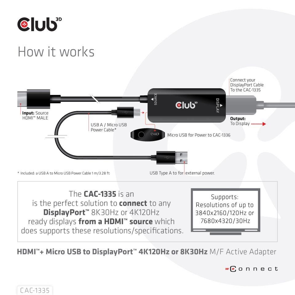 Club3D Adaptér HDMI + Micro USB na DisplayPort 4K120Hz/8K30Hz, Active Adapter M/F3 