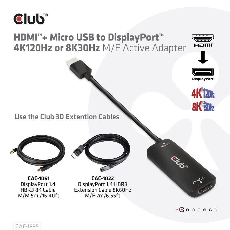 Club3D Adaptér HDMI + Micro USB na DisplayPort 4K120Hz/8K30Hz, Active Adapter M/F4 