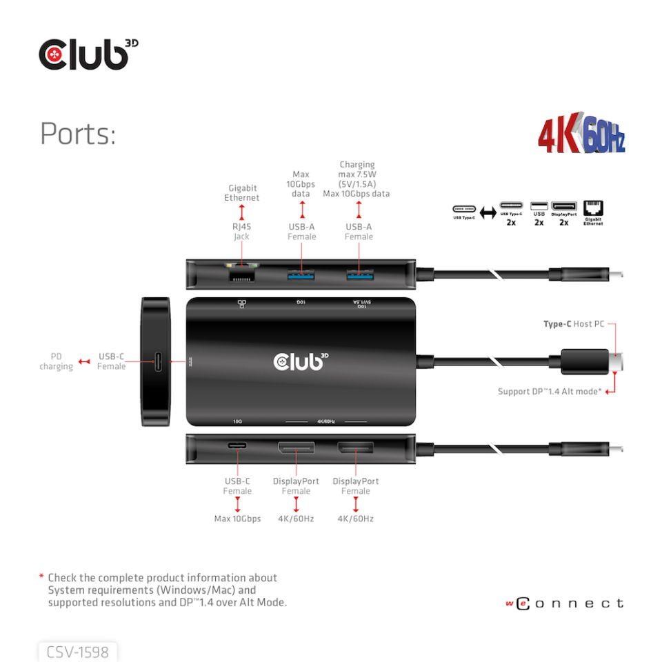 Club3D Dokovací stanice USB Gen2 Type-C na Dual DisplayPort 4k60Hz 7-in-1 Portable Dock3 