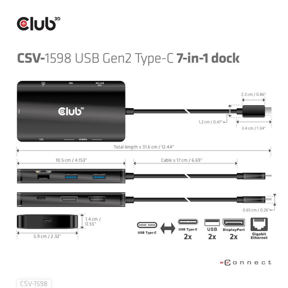 Club3D Dokovací stanice USB Gen2 Type-C na Dual DisplayPort 4k60Hz 7-in-1 Portable Dock4 