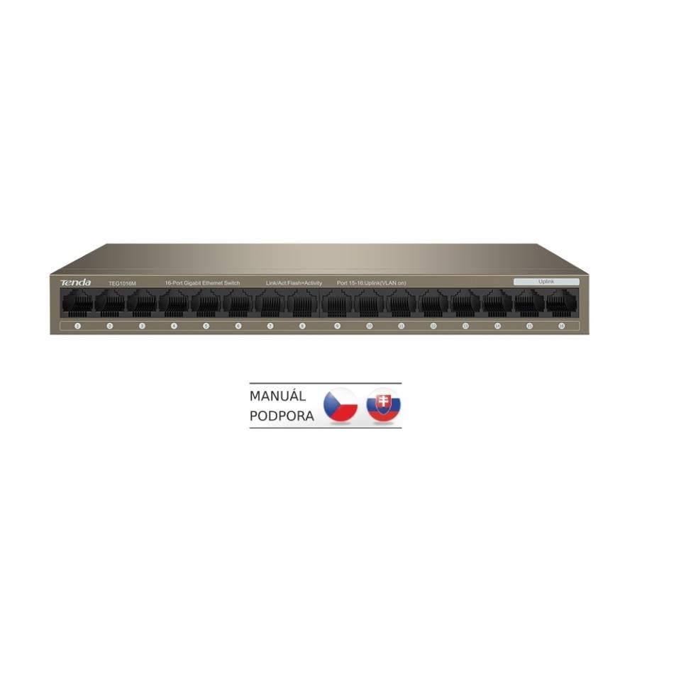 Tenda TEG1016M - 16-port Gigabit Ethernet Switch,  10/ 100/ 1000 Mbps,  Fanless,  Kov2 