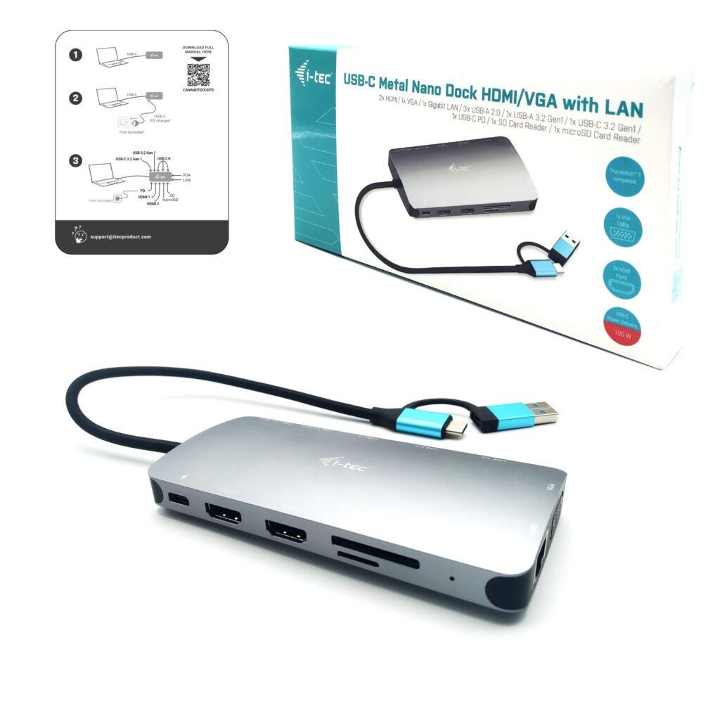 i-tec USB 3.0 USB-C/ Thunderbolt 3x Display Metal Nano Dock with LAN,  PD 100 W5 