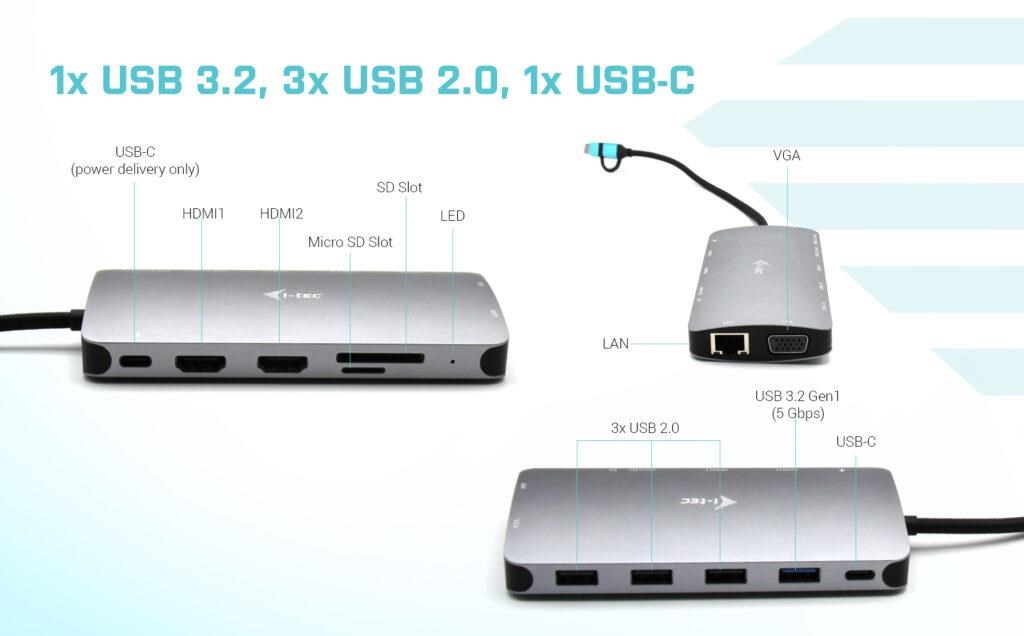 i-tec USB 3.0 USB-C/ Thunderbolt 3x Display Metal Nano Dock with LAN,  PD 100 W8 