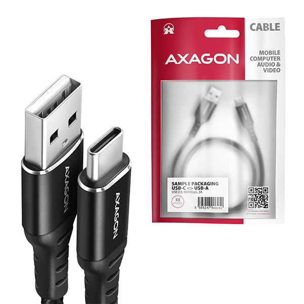 AXAGON BUCM-AM20AB, HQ kábel USB-C <-> USB-A, 2 m, USB 2.0, 3A, ALU, opletenie, čierny4 