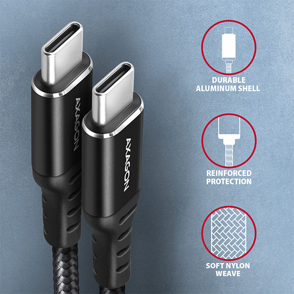 AXAGON BUCM-CM10AB, HQ kábel USB-C <-> USB-C, 1 m, USB 2.0, PD 60W 3A, ALU, opletenie, čierny4 