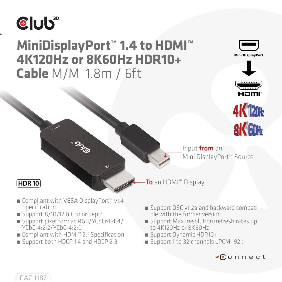 Club3D kabel miniDP 1.4 na HDMI, 4K120Hz nebo 8K60Hz HDR10+, M/M, 1.8m2 