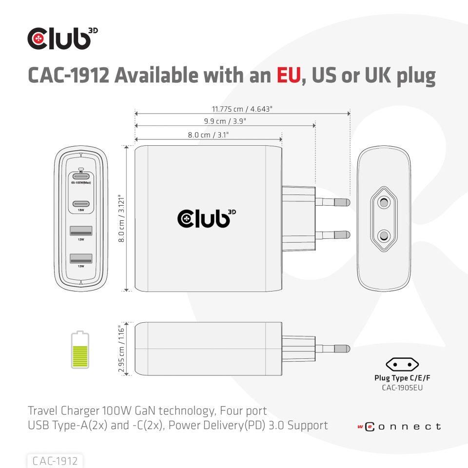 Club3D cestovní nabíječka 100W GAN technologie,  2xUSB-A a 2xUSB-C,  PD 3.0 Support1 