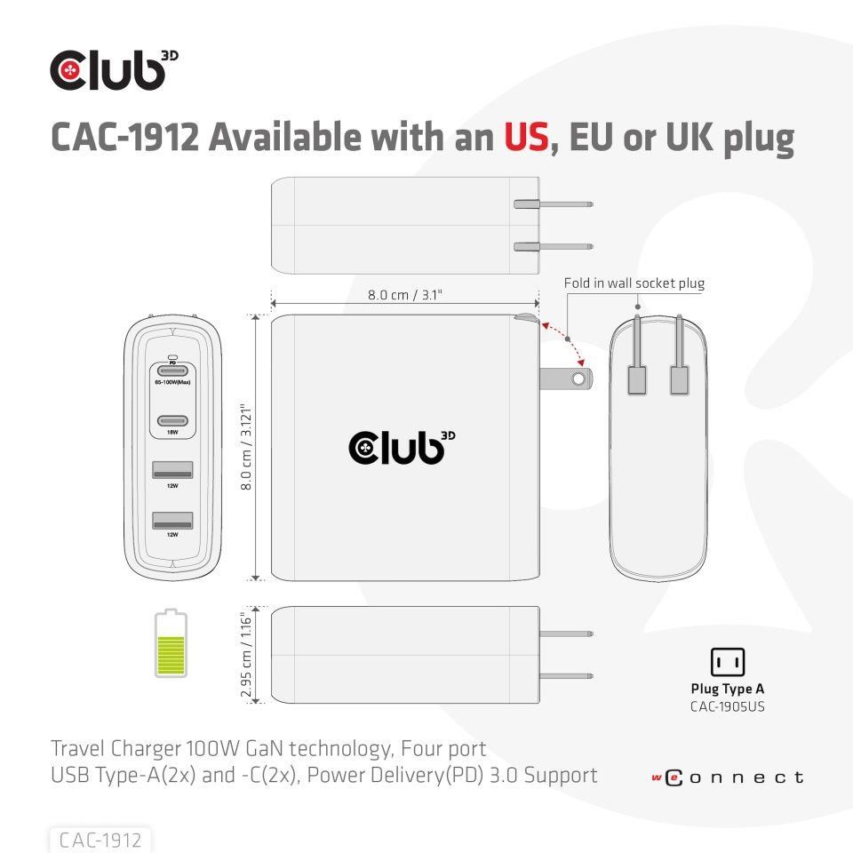 Club3D cestovní nabíječka 100W GAN technologie,  2xUSB-A a 2xUSB-C,  PD 3.0 Support6 