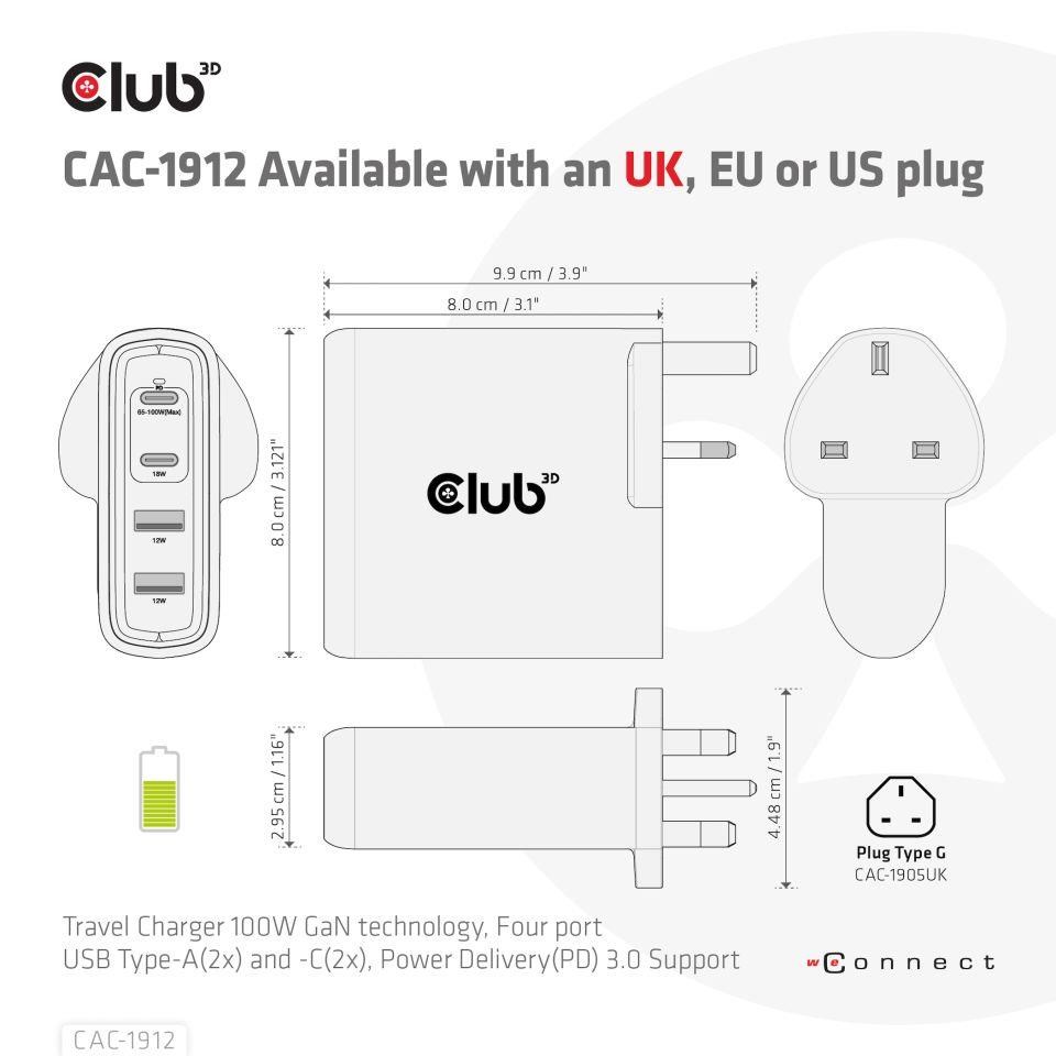 Club3D cestovní nabíječka 100W GAN technologie,  2xUSB-A a 2xUSB-C,  PD 3.0 Support2 