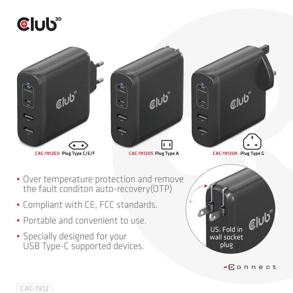 Club3D cestovní nabíječka 100W GAN technologie,  2xUSB-A a 2xUSB-C,  PD 3.0 Support8 