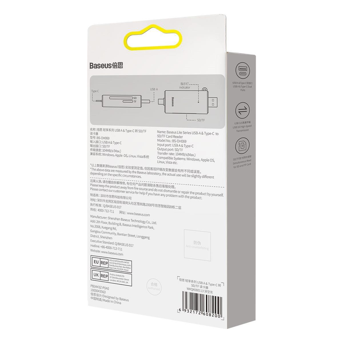 Baseus čtečka paměťových karet Lite Series USB-A + USB-C/SD, microSD, šedá7 